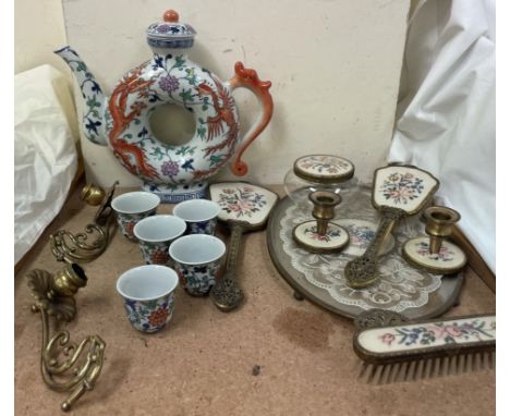 A Chinese porcelain teapot and tea bowls, together with a part dressing table set, brass candle holders etc