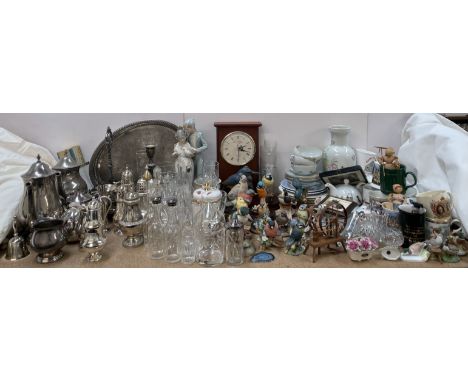 A large Nao figure group together with a collection of bird figures, drinking glasses, mugs, electroplated wares etc