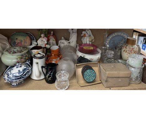 Staffordshire figures together with a parian figure group, lamp shades, tins, vases etc
