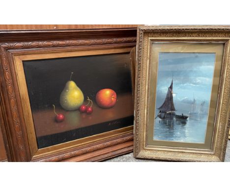 K CottonStill life study of fruitOil on canvasSignedTogether with an oil painting of ships in a harbour