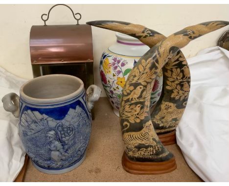 A Poole pottery vase together with a copper lantern, a pair of tiger carved horns etc