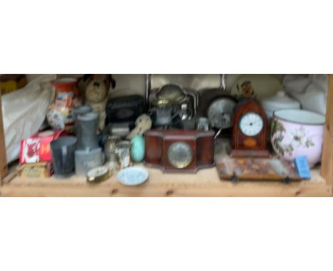 A mahogany mantle clock of pointed arched form, together with two other clocks, tea caddy, soft toys, cigars, electroplated w