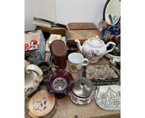 A Poole pottery part tea set together with a Hillstonia rabbit, dolls, commemorative china, pottery jugs, cranberry glass jug