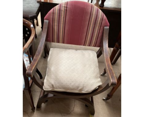 A Lloyd Loom white painted chair together with a stick back elbow chair, an Edwardian mahogany horse shoe shaped chair and an