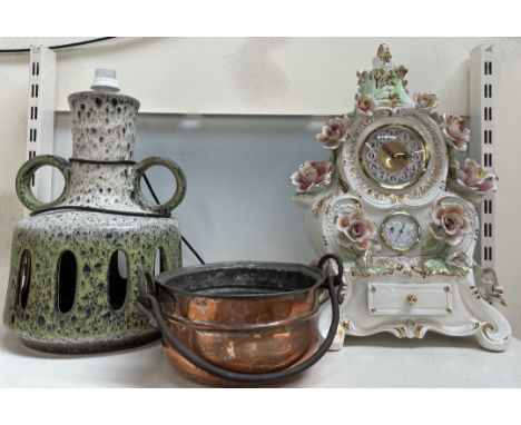 A Jasba West German pottery lamp base together with a pottery clock and a copper pail