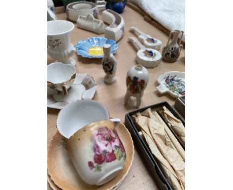 A Keith Murray for Wedgwood mug together with assorted crested wares, Poole pottery, knives etc