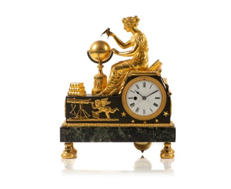 An Empire table clockbronze and marble Molded decoration representing a female figure studying astrology Enamel dial with Rom