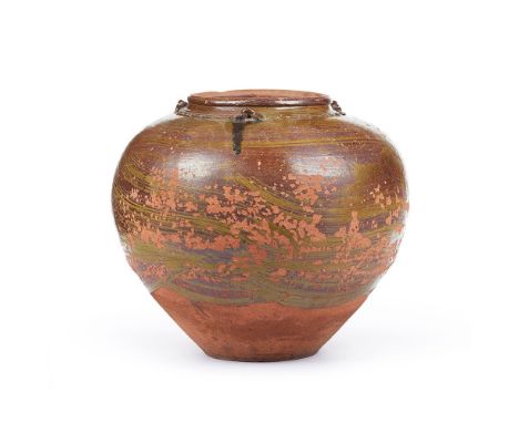 In ceramic with brown glaze, molded decoration, and three handles on the shoulderAlt.: 45 cm 