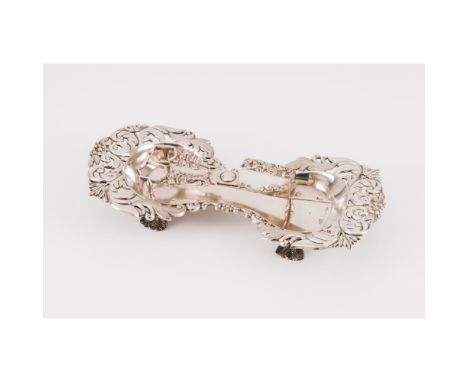 A 19th century Portuguese silver snuffers and snuffers traySnuffers with floral decoration and cornucopia, Porto assay mark (
