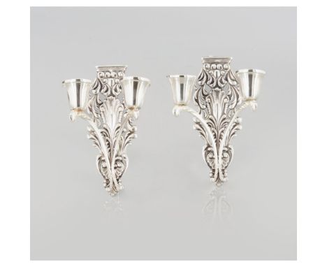 A Pair of two-light wall sconces833/000 silverPierced decoration with foliage and shelled elementsOporto assay mark  (1938-19