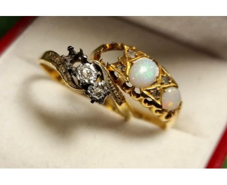 18ct Pair of Diamond &amp; Opal Dress Rings, both missing one stone as AF's - sizes L+0.5 &amp; N, combined weight 5.1g