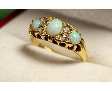 18ct Gold, Opal &amp; Diamond Gypsy Ring - band slightly mishapen - 3.45g and size J
