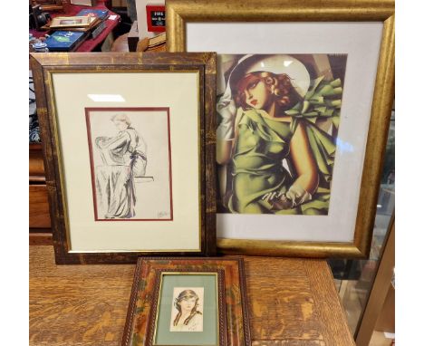 Trio of Art Deco Female Form Art pieces - Two Coloured Sketches + an Advertising Print