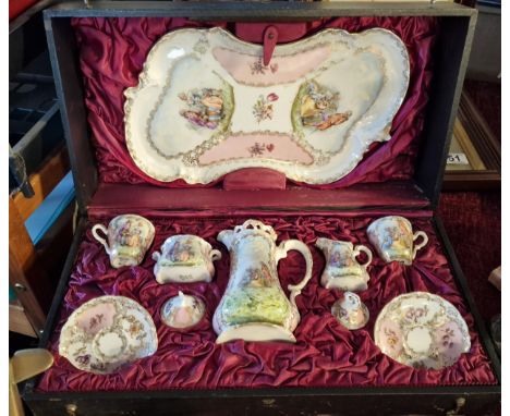 Cased Antique Contiental Tea Service, Handpainted West German Origin - marked CT