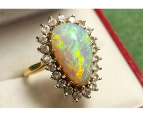 18ct Gold, Diamond &amp; Natural Teardrop Opal Dress Ring - size Q and 8.3g - the central measures 1.15x1cm - this is a Vinta