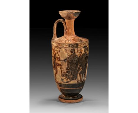 Attische weißgrundige und schwarzfigurige Lekythos des Diosphos-Malers. 490 - 480 v. Chr. Typ mit zylindrischem Körper. H 17c
