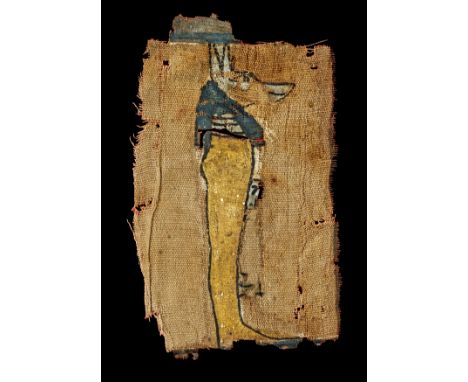 Stoff-Fragment mit dem schakalköpfigen Duamutef. Spätzeit, 750 - 332 v. Chr. 18 x 11cm (Rahmen 28 x 21cm). Fragment eines Mum