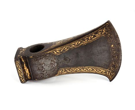 A fine Persian axe head (tabor), of watered steel with gold koftgari borders, the sides and back engraved with scenes of a li