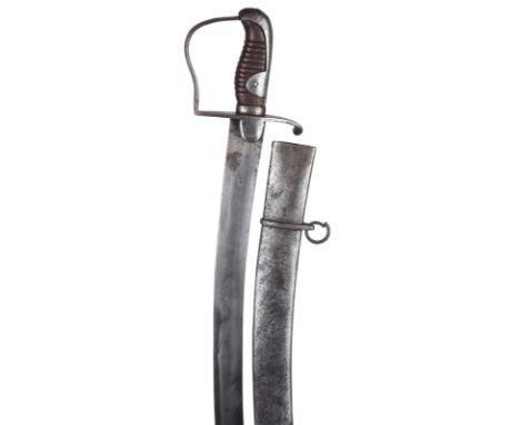 A British 1796 pattern light cavalry trooper's sword, broad curved blade 32.5 in., spine marked 'HADLEY'; steel stirrup hilt 