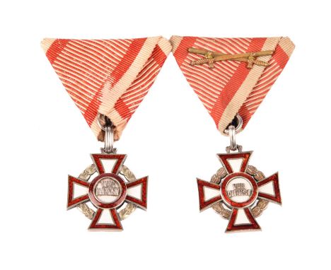 Austria-Hungary: Military Merit Crosses 3rd Class (2), silver and enamel, white crosses with red borders, 'VER/DIENST' to the