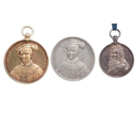 Bath Bluecoat School: three struck prize medals: gilt metal, 57mm, bust of Edward VI almost facing, rev. schoolmaster with pu