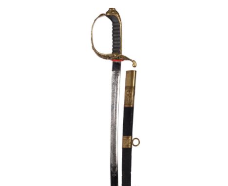 An Austrian model 1889 state official's dress sword, slightly curved fullered blade 28.75 in., etched panels displaying troph