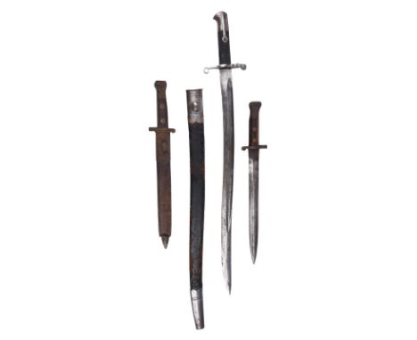 A British 1856 pattern bayonet, with steel mounted leather scabbard; and two pattern 1888 bayonets, one with partial scabbard