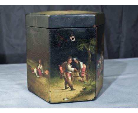 Three Russian tea caddies. A Russian figural painted C19th lacquered tea caddy depicting maiden carrying yoke and buckets wit