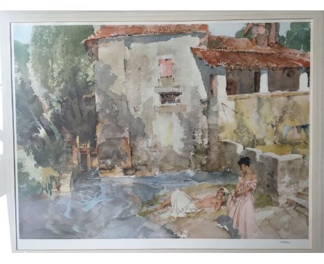 A print of a watercolour by W Russell Flint. No. 655/850 'The mill pool, St.Jean de Cole' in a gilt frame. H54cm W70.5cm ARR
