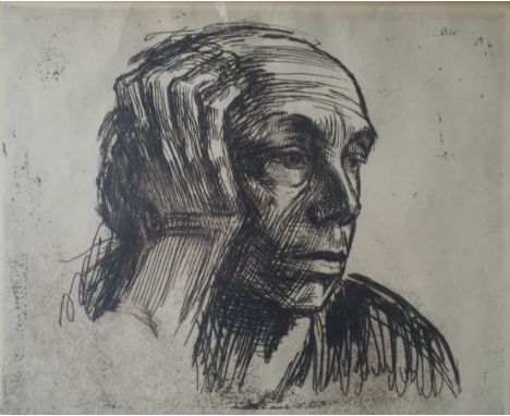 Print of a pen ink study of a man, signed in pencil 'Kollwiz' in gilt frame. H23cm W27cm