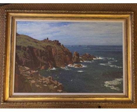 An oil on canvas signed 'H Gibbs 1909' Seascape with cliffs and lighthouse in carved gilt frame. H59cm W89cm