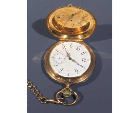 A 14 ct gold minute repeater fob watch by Cameron Cush &amp; Co. New Oxford St London with enamel dial and fob chain