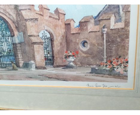 A print of a gated courtyard watercolour signed Francis Russell Flint H 38cm W 56cm together with a further print of a town s
