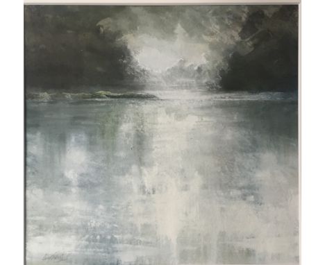 A mixed media pastel and charcoal guache of Ramsey Island with sun through the clouds "low light" by Ray Wilkinson H48cm L50c