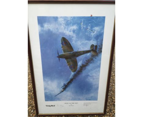 A Daily Mail limited edition "Duel in the Sky" print of spitfire downong kill signed Peter Hogan H 38cm W 58cm