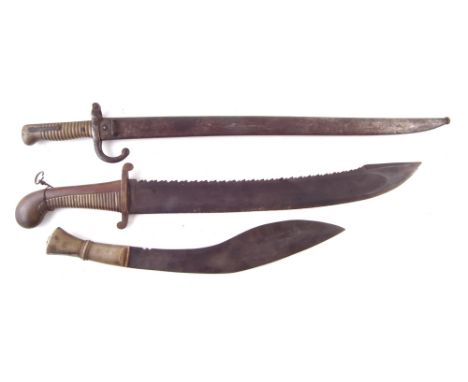 Russian M-1827 saw back Falchion Pioneer Sword stamped 1828 , also Chassepot bayonet and scabbard dated 1874 and and a Kukri 