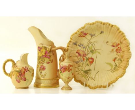 Three Royal Worcester blush ivory ewers and a plate Condition reports are not available for our Interiors Sales.