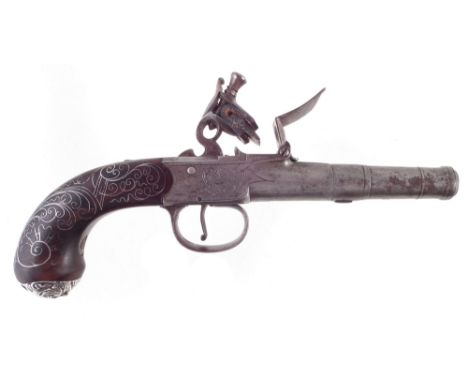 Flintlock Queen Anne style pocket pistol by Alley , with silver mask but cap hallmarked 1777, the stock with wire inlay, turn