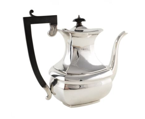 Silver coffee pot , plain polished body of curved rectangular form, black umbrella finial and handle, marks for William Adams