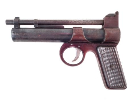 Webley Junior .177 Air Pistol, with protruding barrel, adjustable sights, and metal grips, serial number J3384, stamped 384 a