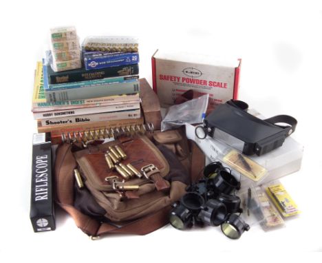 Collection of mixed shooting accessories , to include a Lee Powder Scale, 4x20 boxed rifle scope, canvas shooting bag, variou