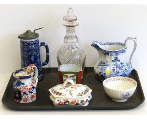 Two Masons Ironstone jugs, soap dish with cover and planter, 18th century Worcester bowl, Pinder & Ball water jug together wi