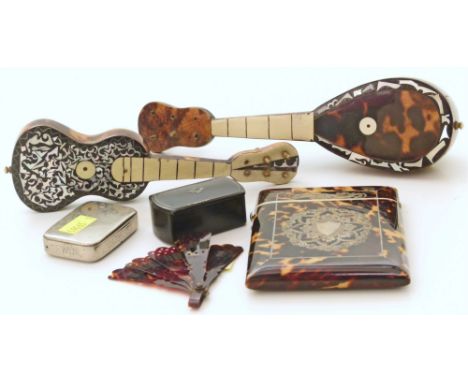 Tortoishell and silver card case, also a miniature mandolin and guitar together with a snuff box and match case and fan Condi