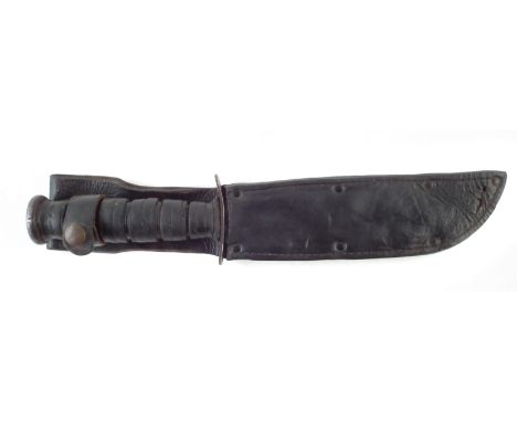 American K-Bar Knife, stamped U.S. Camillus, with leather scabbard, (2) 32cm long