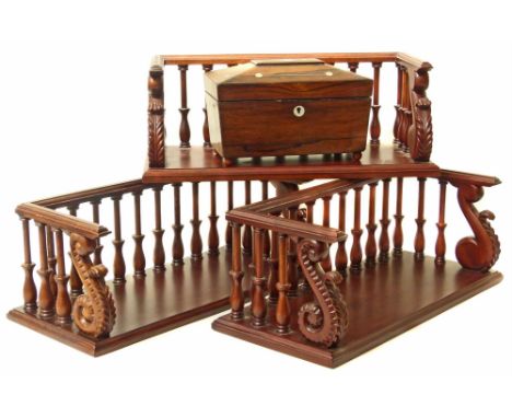 Three 20th century hardwood table top book stands and a Victorian rosewood veneered tea caddy Condition reports are not avail