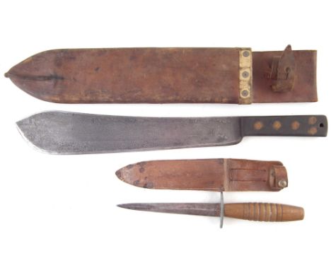 WW2 Machete, the blade stamped with broad arrow and 'Martindale' the scabbard dated 1943, also a commando knife and leather s