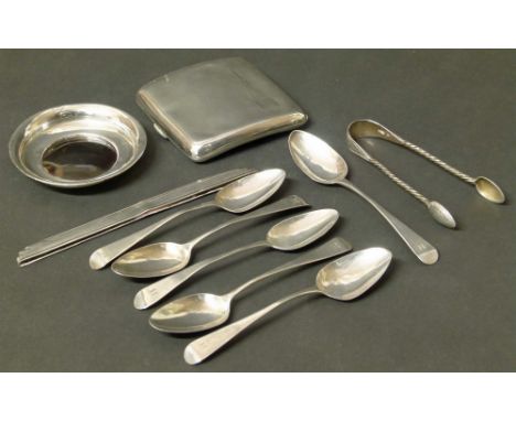 A quantity of silver items to include a set of six Georgian tea spoons and a cigarette case Condition reports are not availab