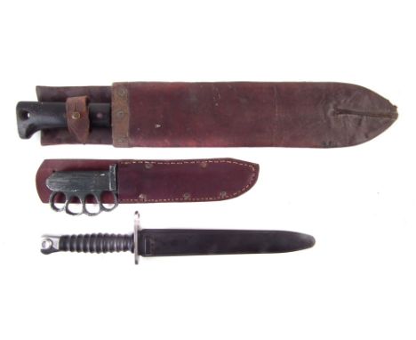 Legitimus Ollins & Co. machete dated 1943 ,with 1944 dated scabbard, also fighting knife with scabbard A.H.N. Wright 2 Som. L