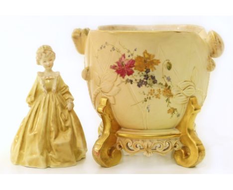 Large Royal Worcester jardiniere and a figure of Grandmother's Dress (both restored) Condition reports are not available for 