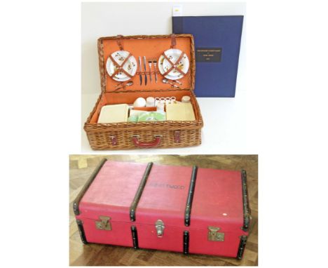 Trunk, wicker basket, and a bound collection of "British & English Maps" by John Speed Condition reports are not available fo